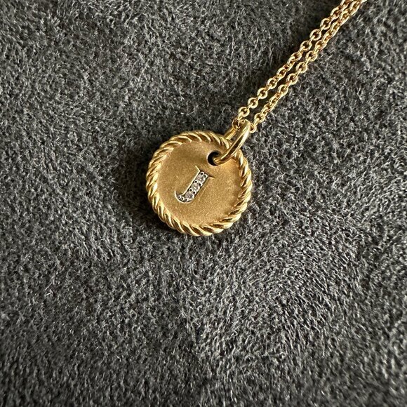 David Yurman Initial "J" Charm Necklace in 18K Yellow Gold & Pavé White Diamonds - Picture 7 of 16